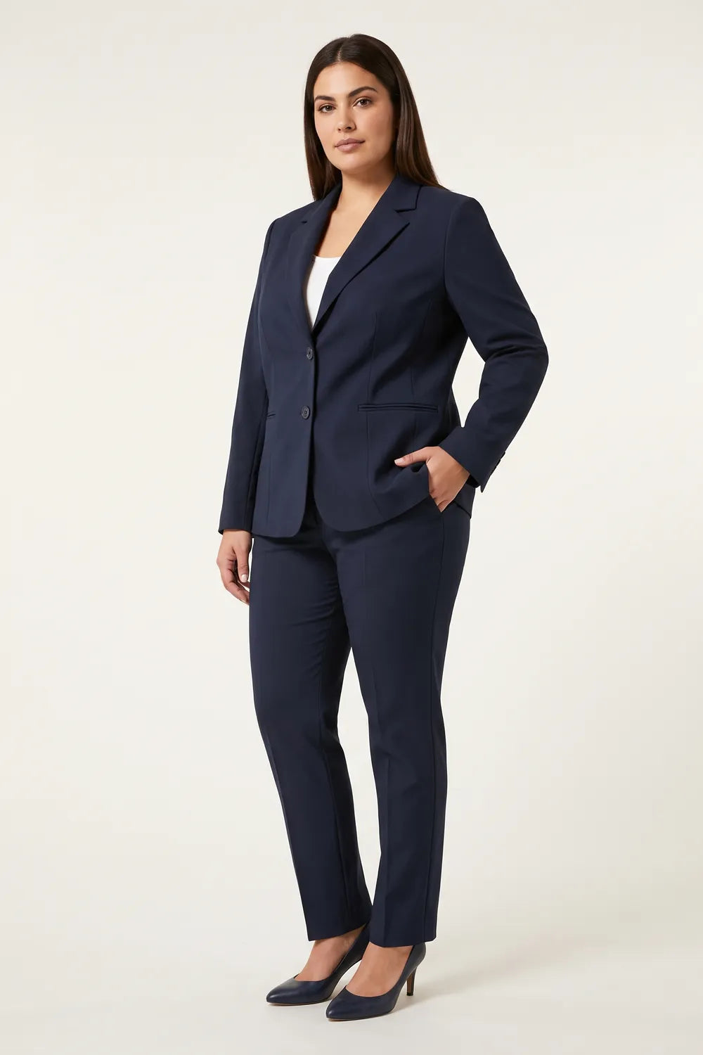 Yıldırım Güngör Kadın Büyük Beden Lacivert Blazer Ceket Pantolon Takım 4034